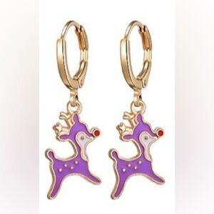 Purple and Gold Reindeer Hoop Earrings